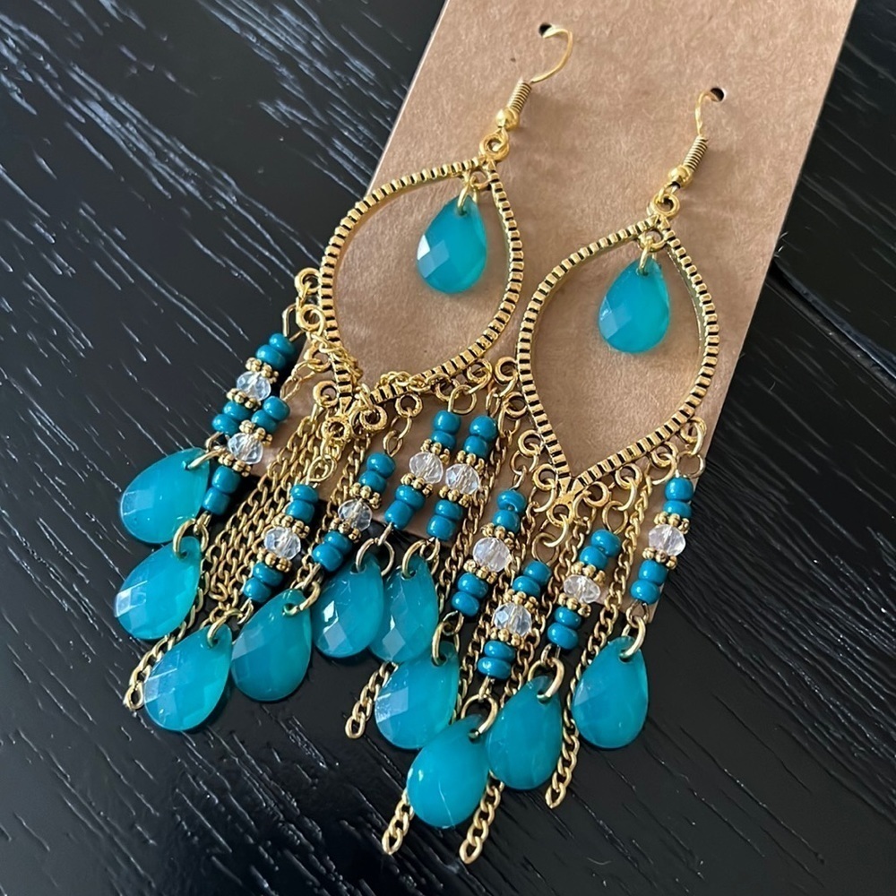 Teal Green And Gold Chandelier Earrings-NWT